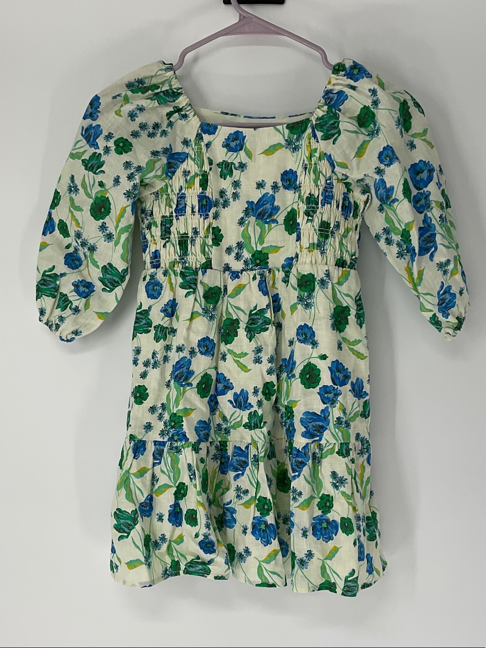 Draper James Girls Blue Green Floral Linen Smocked Puff Sleeve Dress Sz M Kids